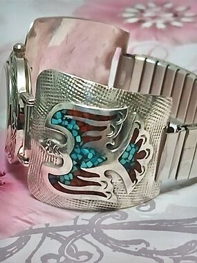 Men's Silver Navajo Inlaid Turquoise/Coral Thunderbird Band + Indian Head Watch